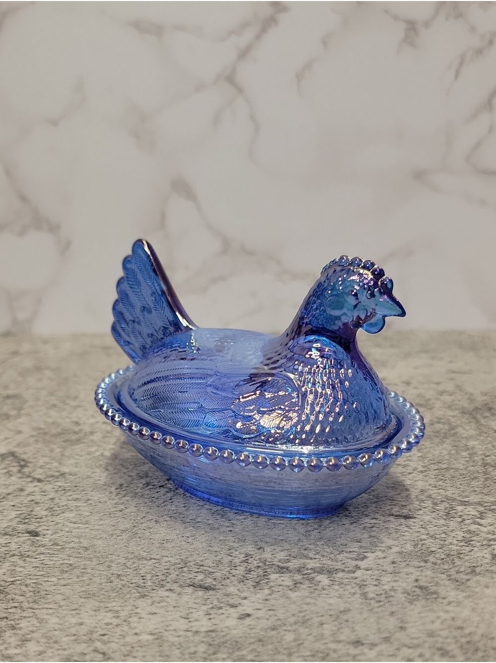 Blue Carnival Glass Hen on a nest - Picture 2 of 9